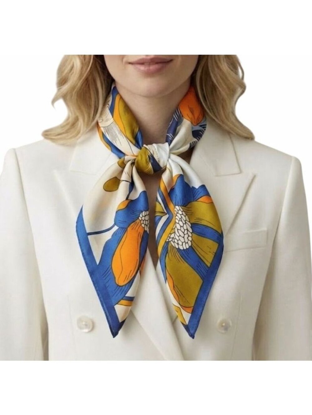Elegant Bandana Floral Silky Square Scarf Luxurious BLUE ORANGE Soft Satin Hijab